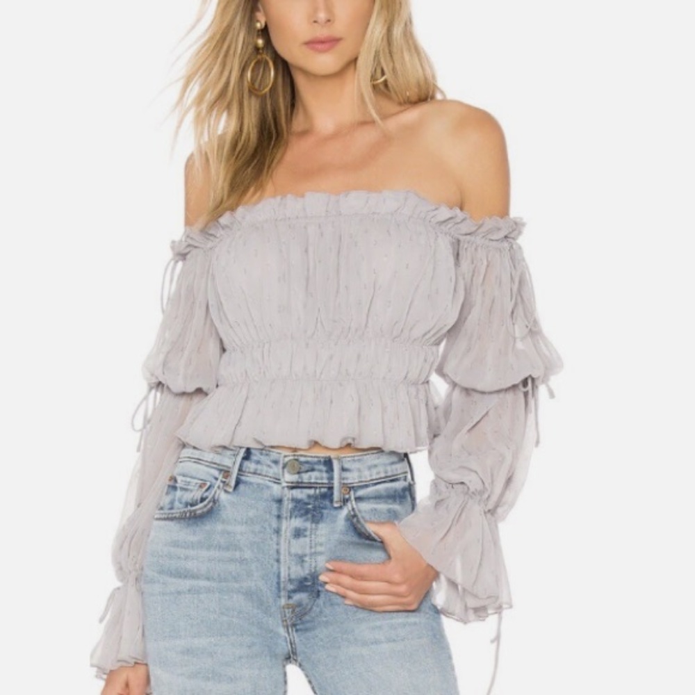 Tularosa Off-Shoulder Ruffle Long Sleeve Blouse - Light Gray